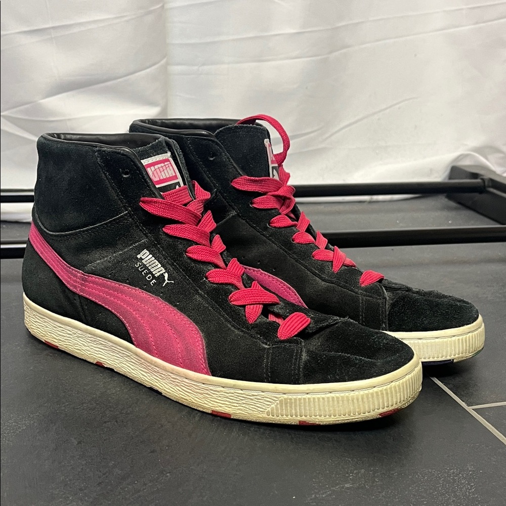 Puma Suede Mid Classic+ Rubber Mix Black and Pink High-Top Sneakers size 10